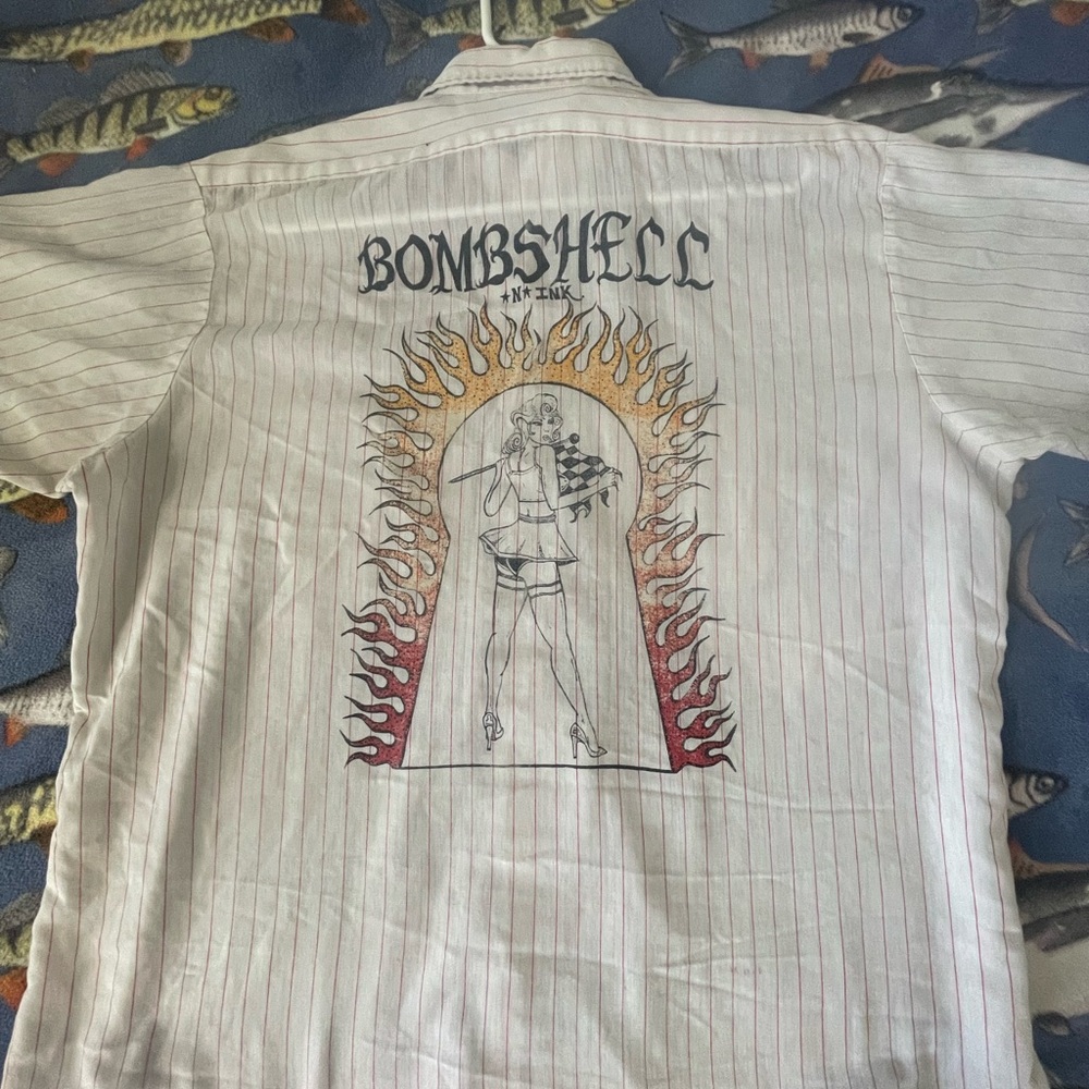 Vintage Men's White Work Shirt with added Hot Rod inspired print